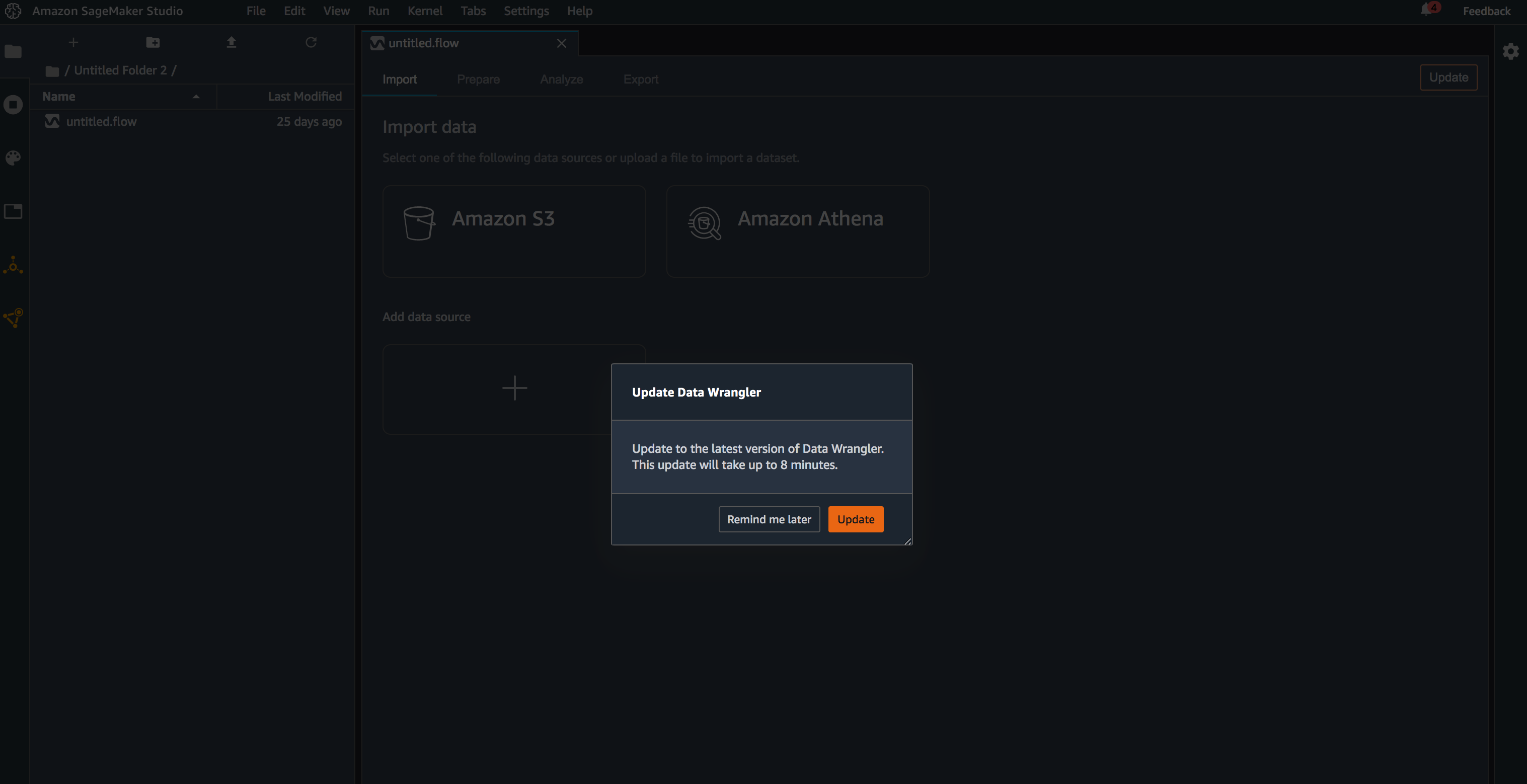 The Update Data Wrangler section in the Data Wrangler console.