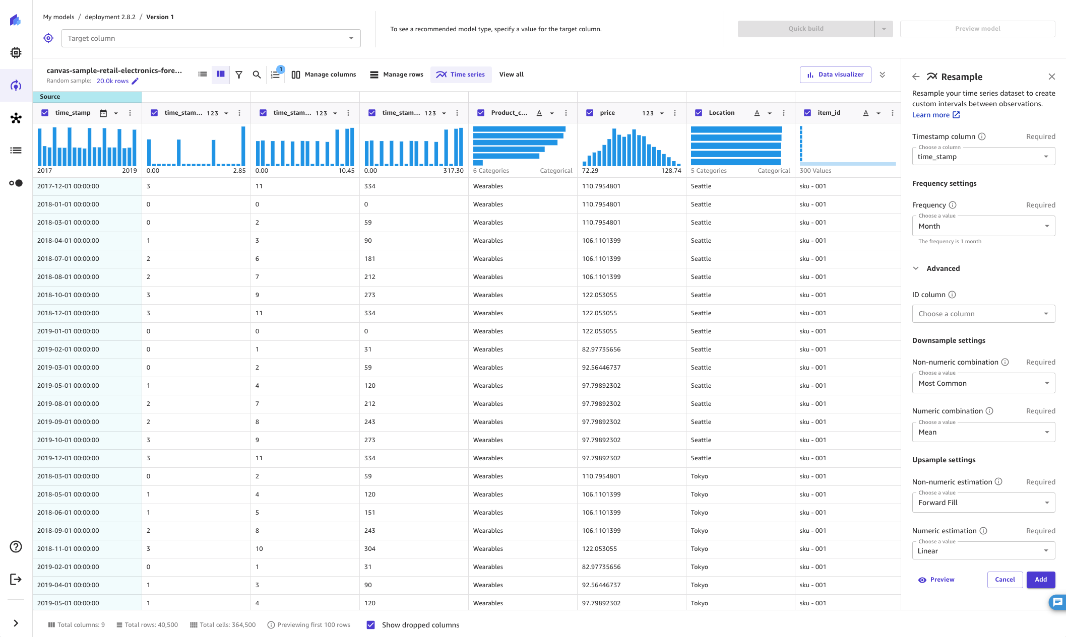 The Canvas application, with the time series resampling side panel showing the advanced options.