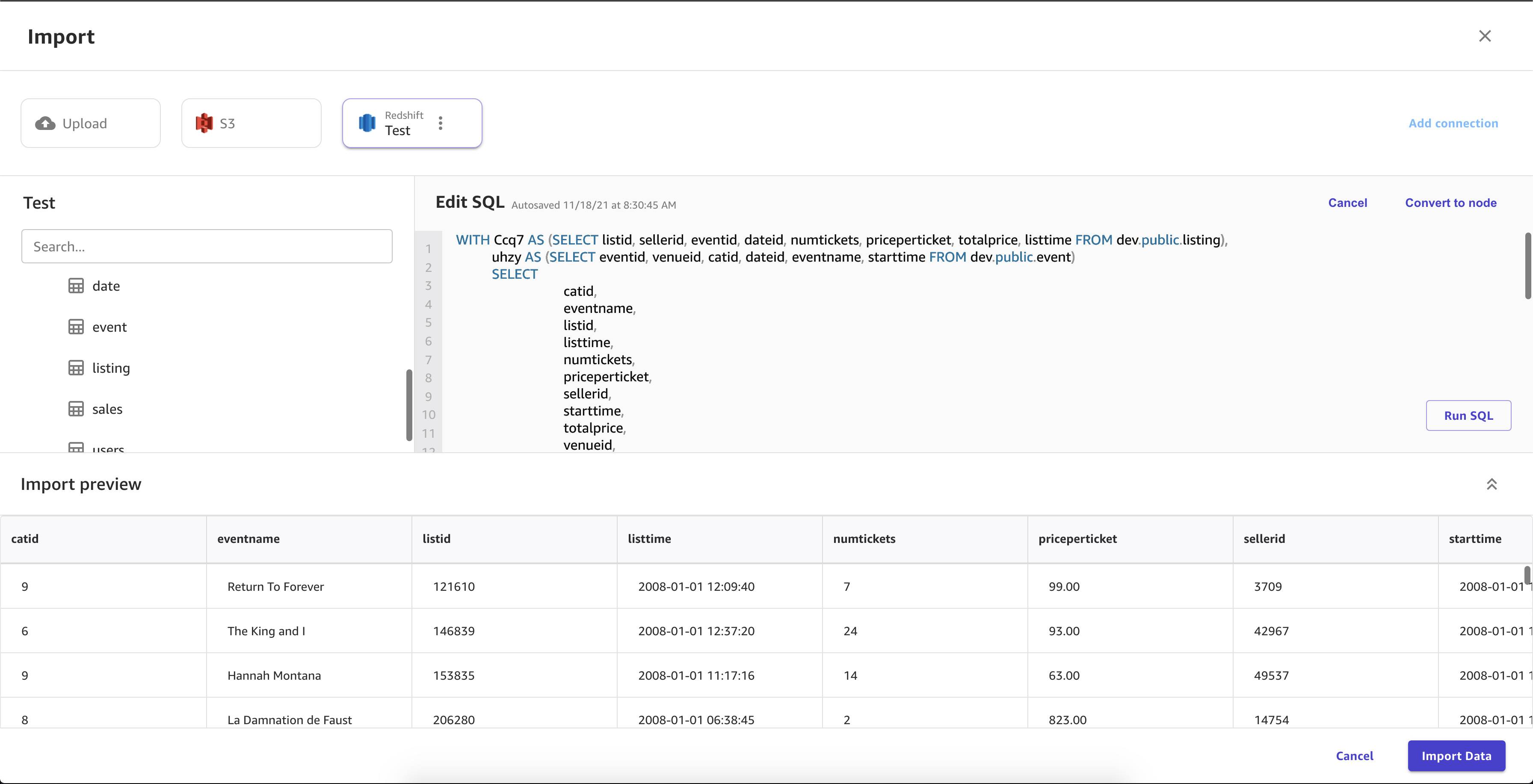 Screenshot of a SQL query in the Edit SQL editor on the Import page in Canvas.
