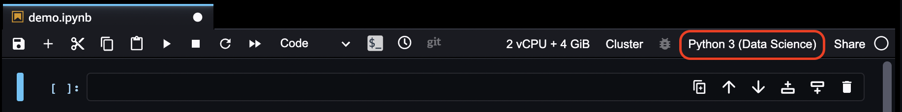 The location of the current kernel and image in the menu bar from a Studio Classic notebook.