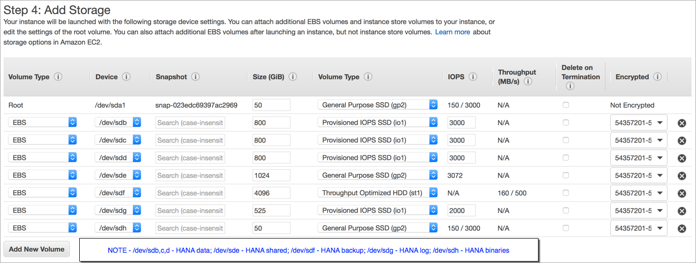 Image of EC2 console showing the storage configuration for x1.32xlarge instance type with io1 volume type for SAP HANA data and log.