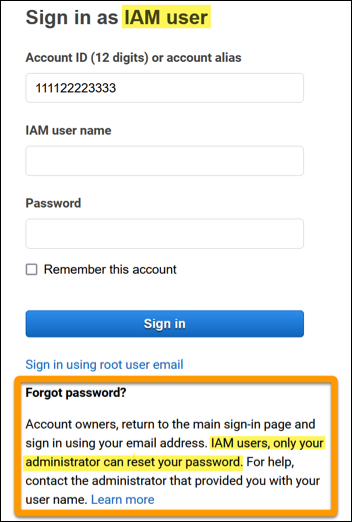 AWS Management Console showing the IAM user forgot password link.