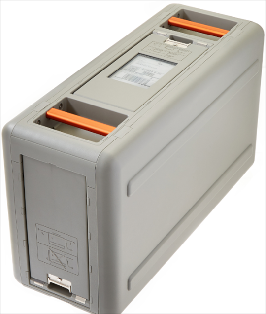 Device with front and top covers closed. Case of device is gray and handles on top are orange. E Ink display visble on top.