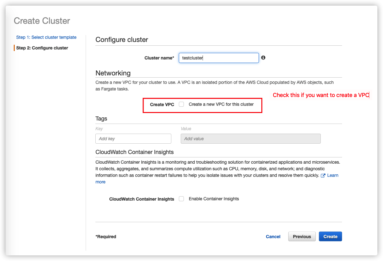 Cluster configuration interface with options for naming, networking, tagging, and monitoring.