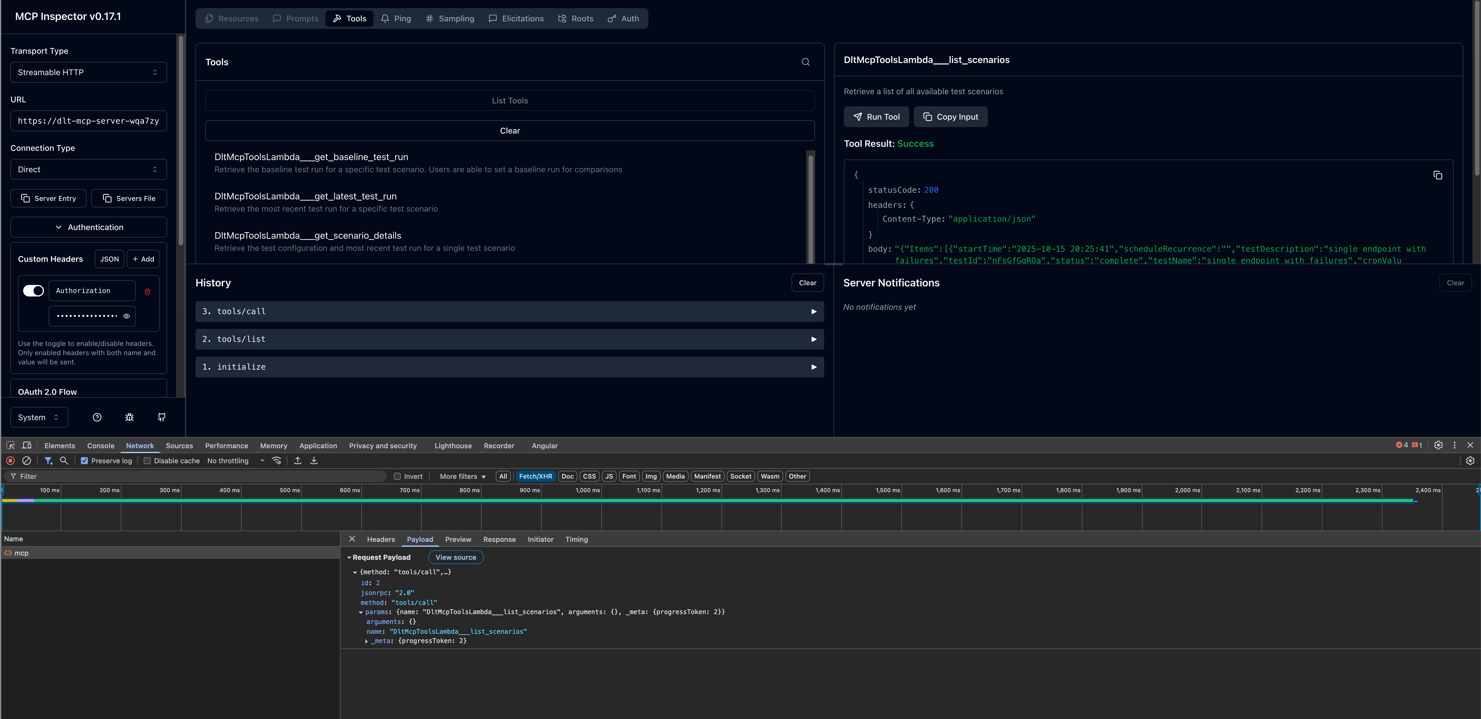 MCP Inspector showing available tools and invocation