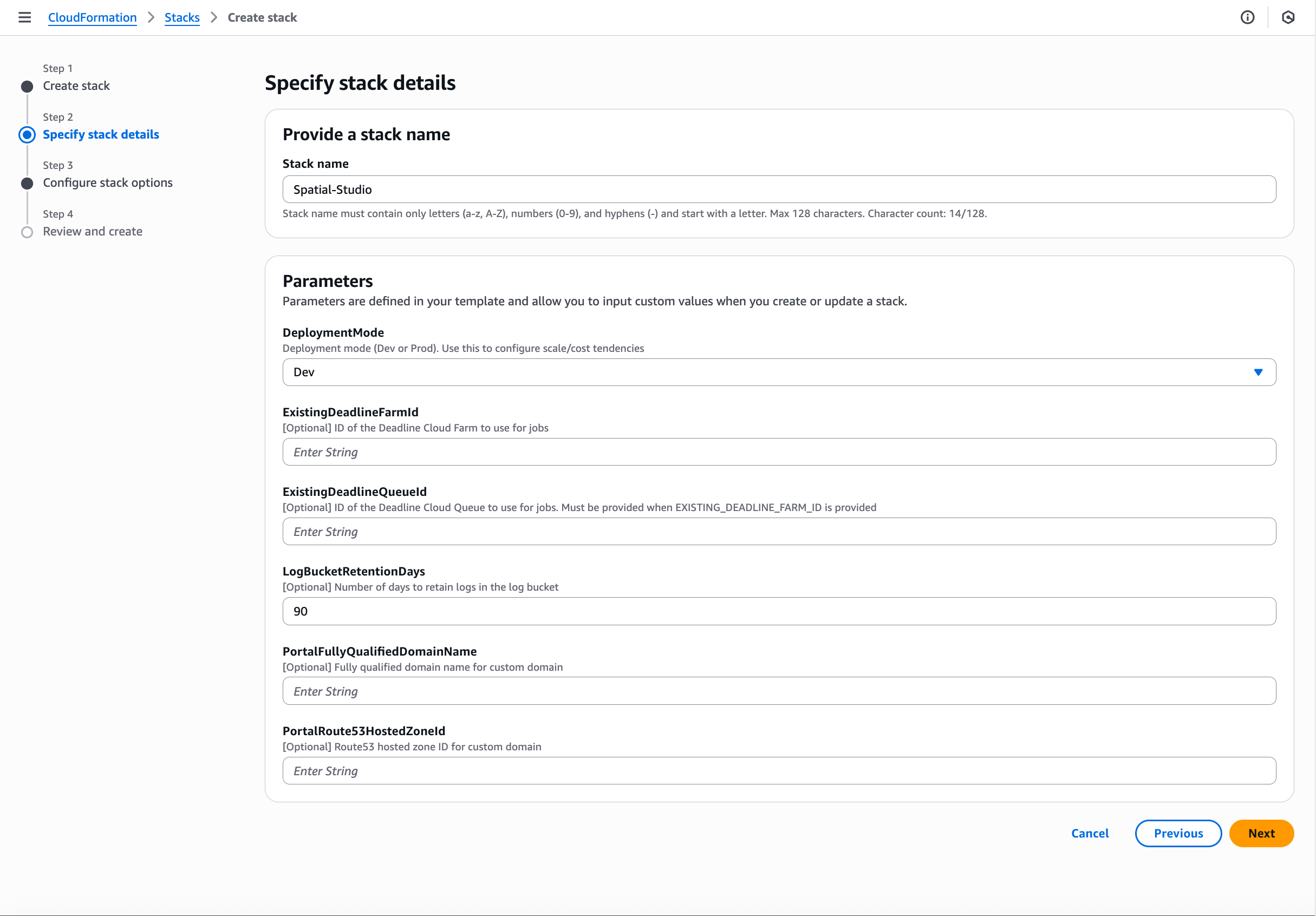 Stack details page showing default parameters for development deployment