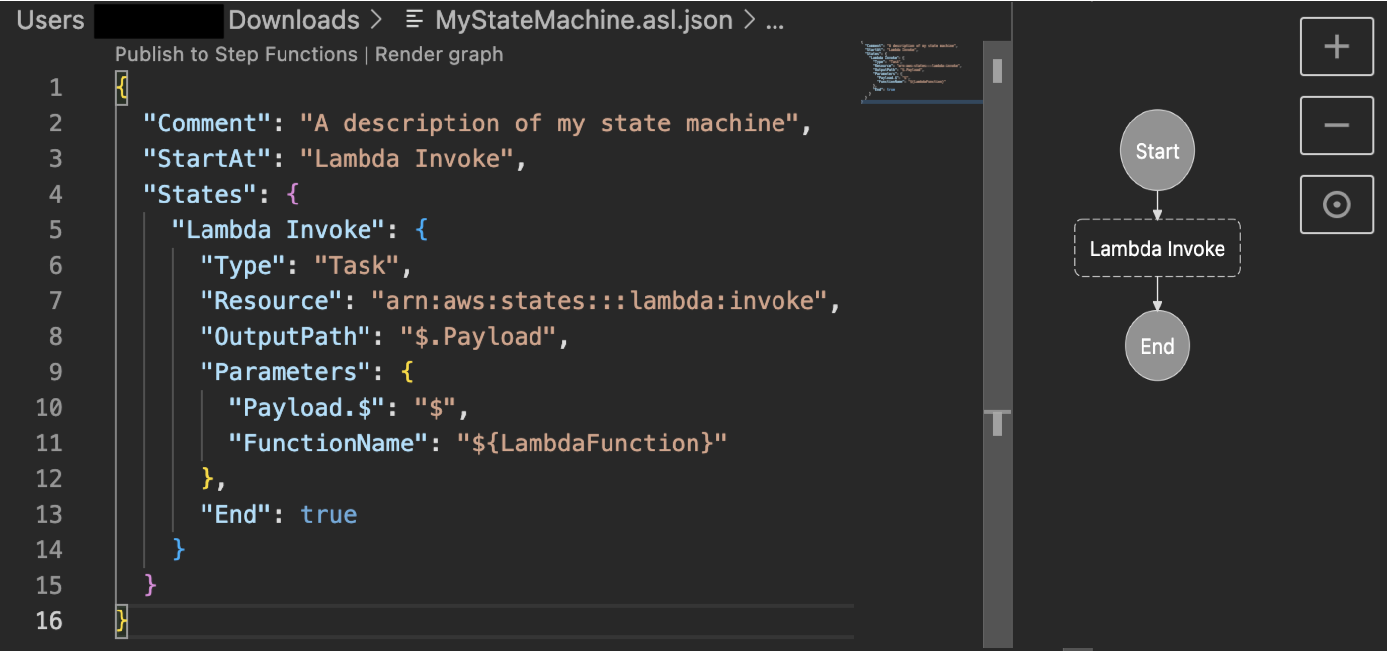 Screenshot of the ASL definition of a workflow in Visual Studio Code and its visual representation.
