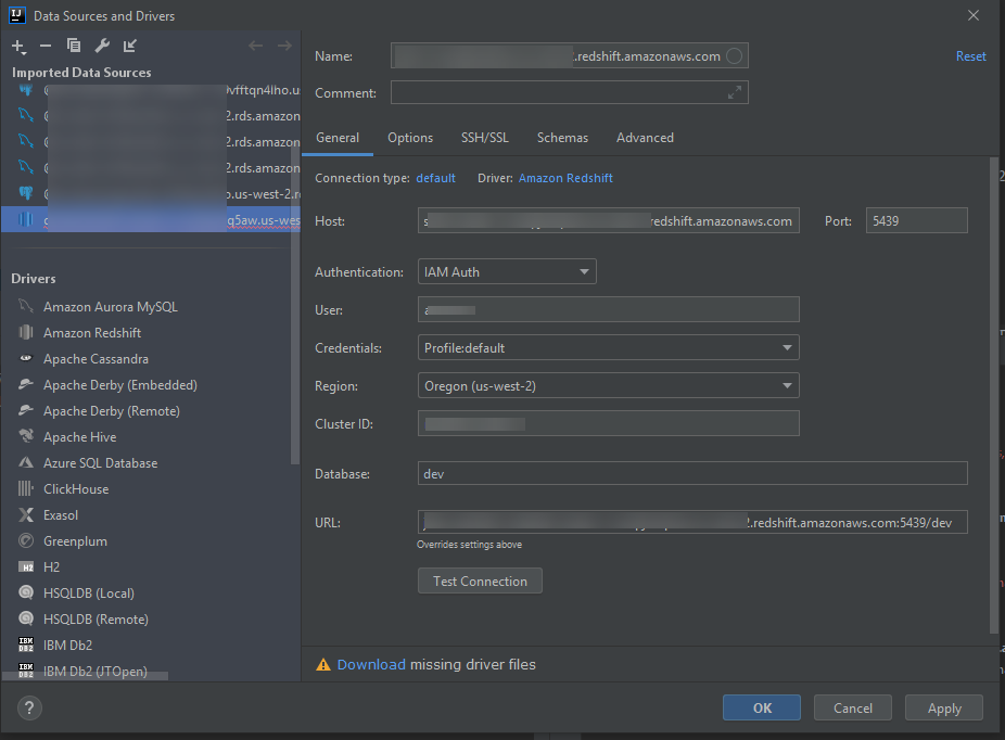 Connection settings for a Amazon Redshift cluster with IAM credentials used for authentication.