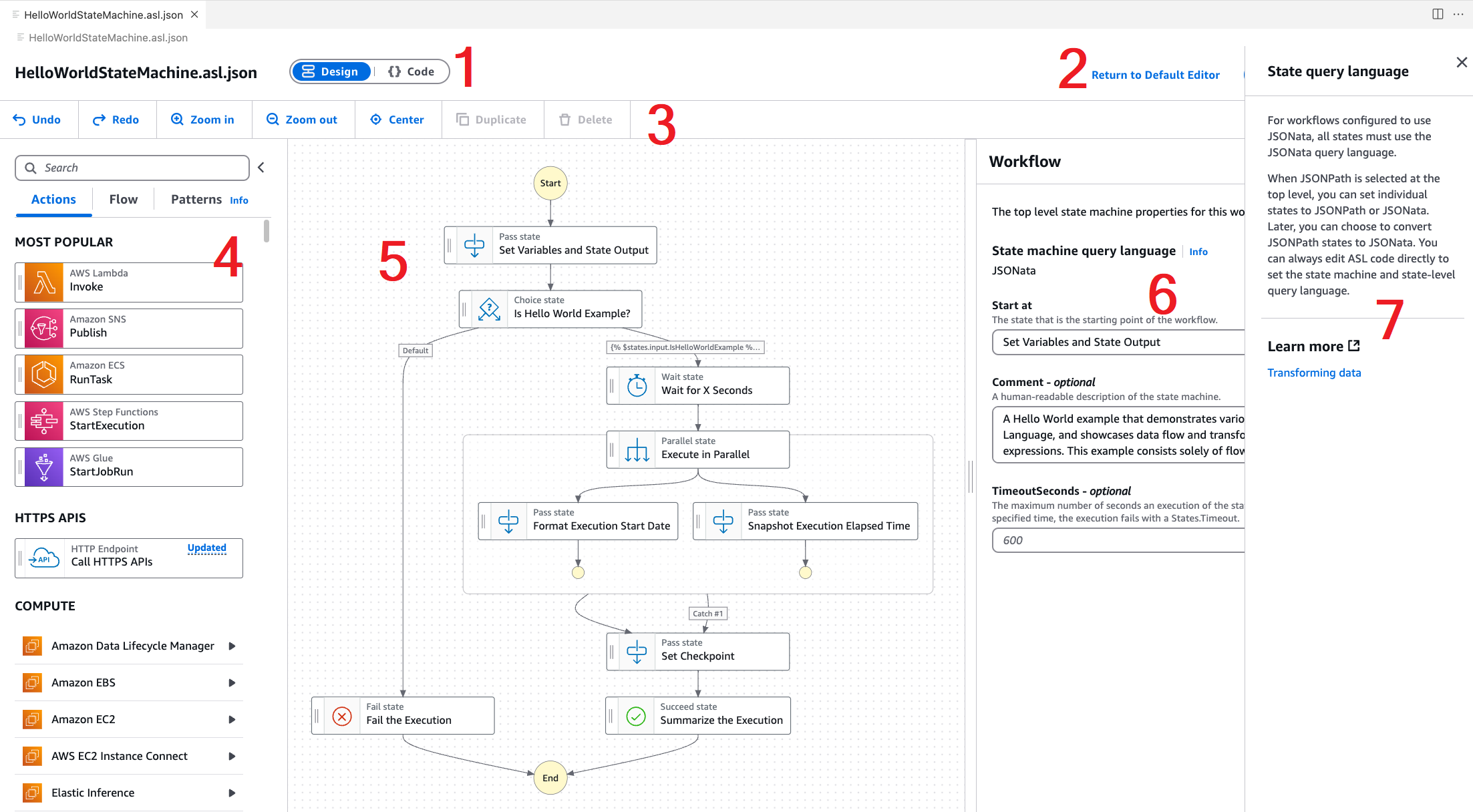 The Design mode of the Workflow Studio UI in the AWS Toolkit