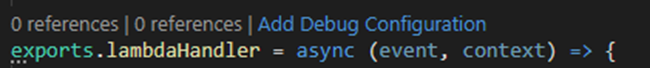 Access the Add Debug Configuration option in the CodeLens indicator for a Lambda function handler.