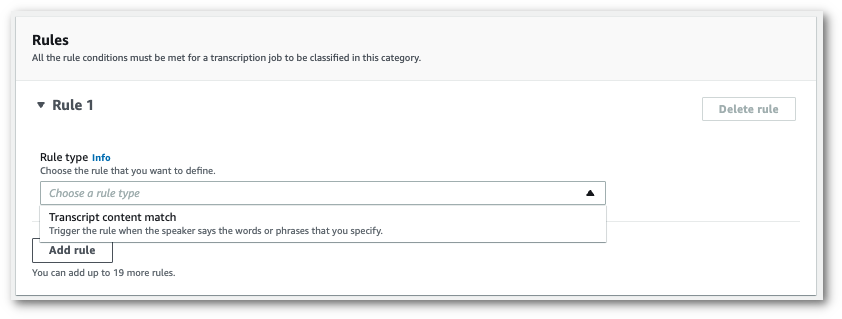 Amazon Transcribe console screenshot: the 'rules' pane with list of rule types.