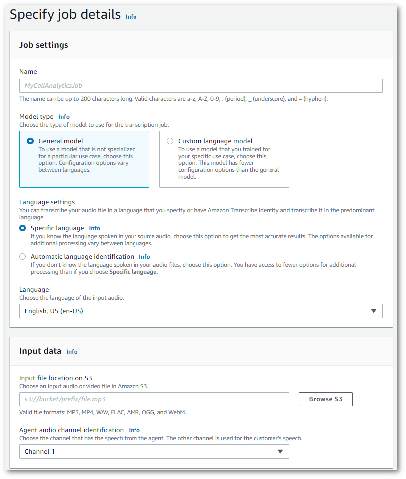 Amazon Transcribe console screenshot: the 'specify job details' page.