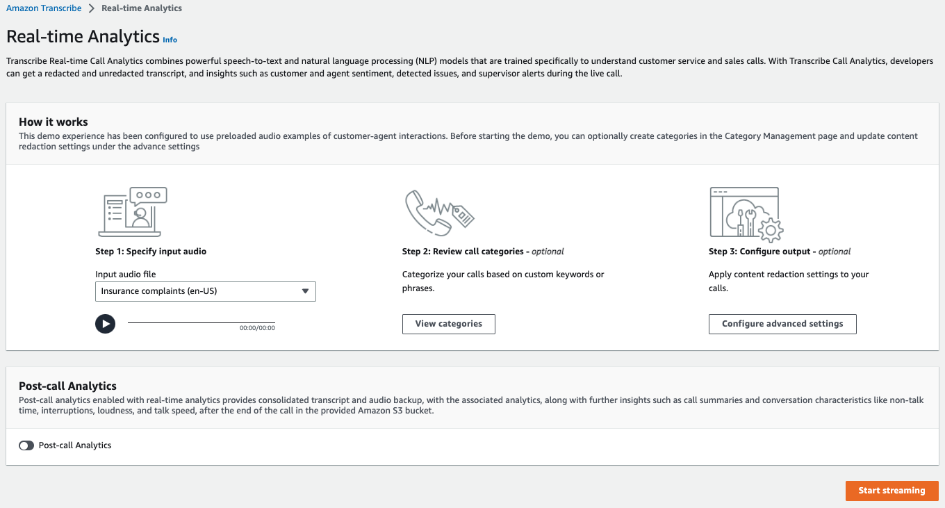 Amazon Transcribe console screenshot: the 'analyze a streaming call' demo page.