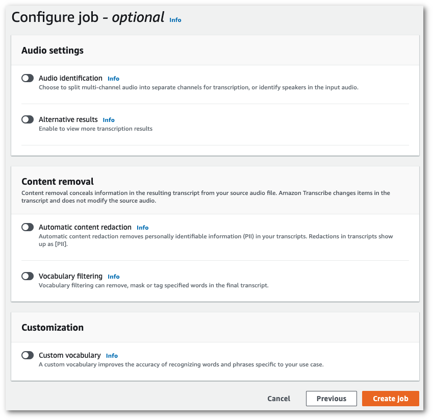 Amazon Transcribe console screenshot: the 'configure job' page.