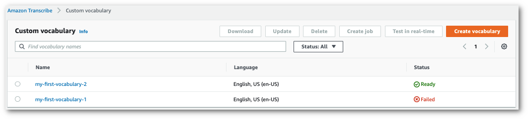 Amazon Transcribe console screenshot: 'custom vocabulary' page showing one vocabulary as complete and one as failed.