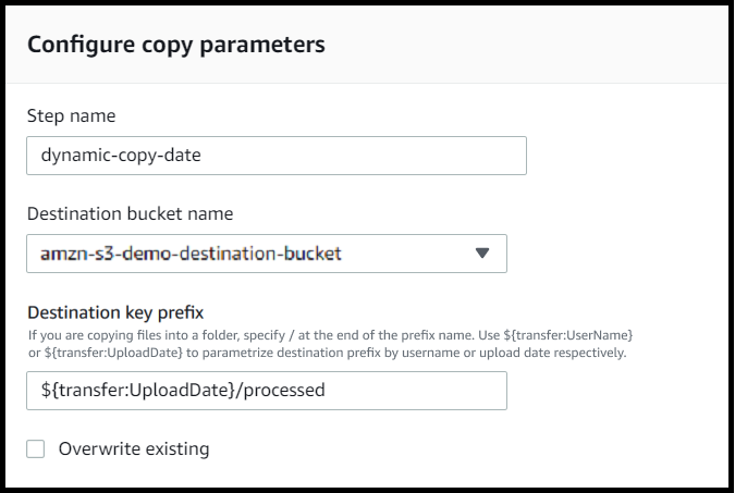 Parameter screen for a copy step, showing the bucket and the key, parameterized using UploadDate.