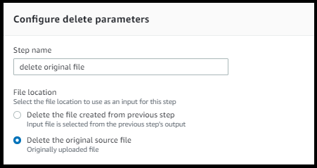 Workflows screen showing the details for a delete step.