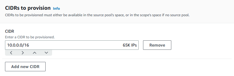Defining which CIDRs to provision for a pool in the IPAM console.