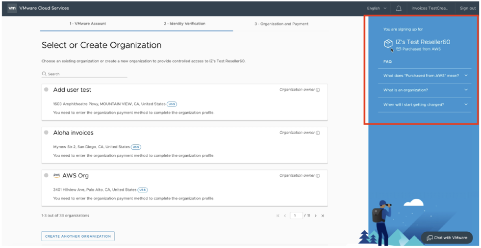 A screenshot of the Select or Create Organization screen. Create an Organization linked to the VMware Customer Connect account.