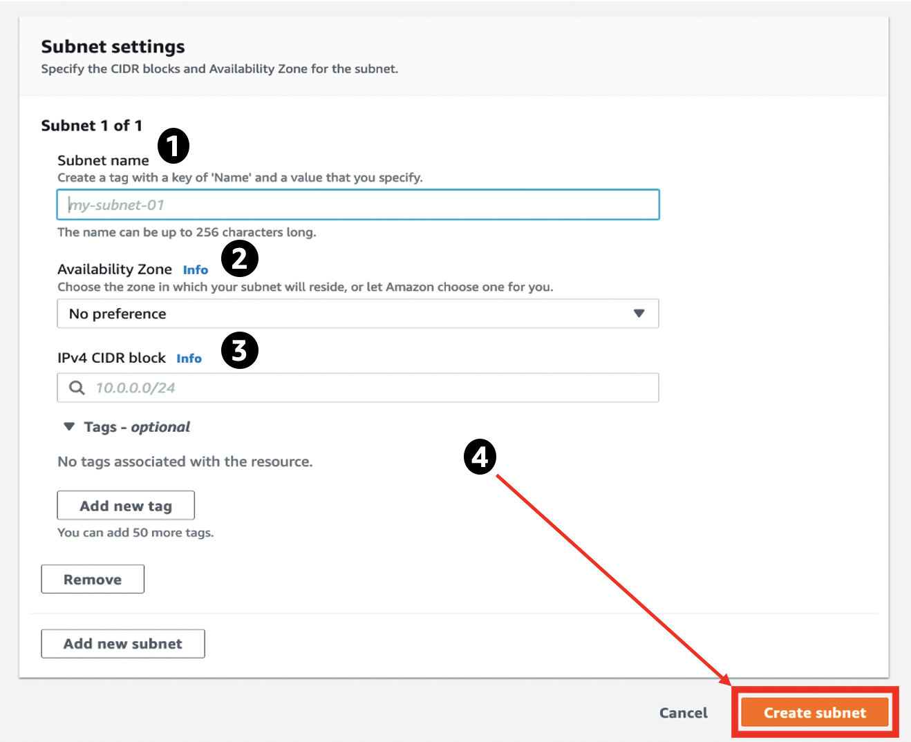 A screenshot of the Subnet settings screen. Enter subnet settings and choose Create subnet