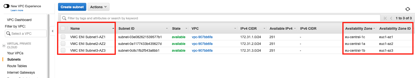 A screenshot showing the three subnets attached to the VPC .