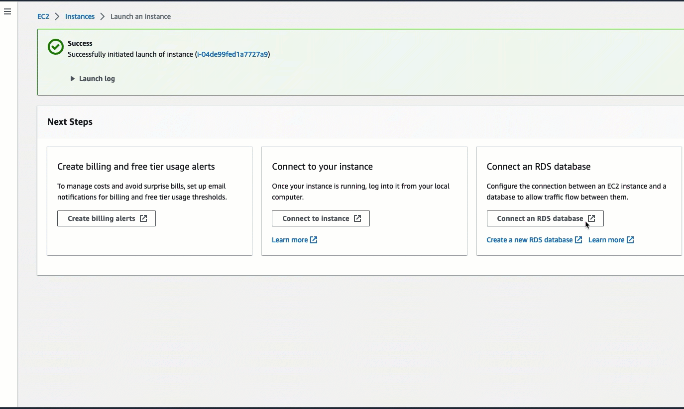 Questa animazione mostra come selezionare un' EC2 istanza esistente nella EC2 console e utilizzare la funzionalità di connessione automatica per connettere l' EC2 istanza a un database RDS. Per la versione testuale di questa animazione consulta i passaggi della procedura precedente.