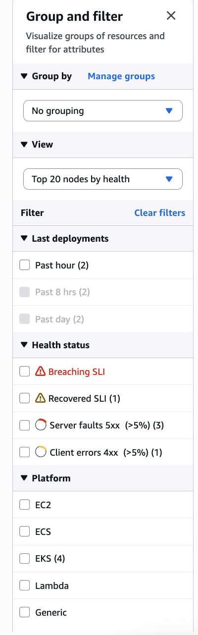 Servizi di raggruppamento e filtro nella dashboard dell'applicazione
