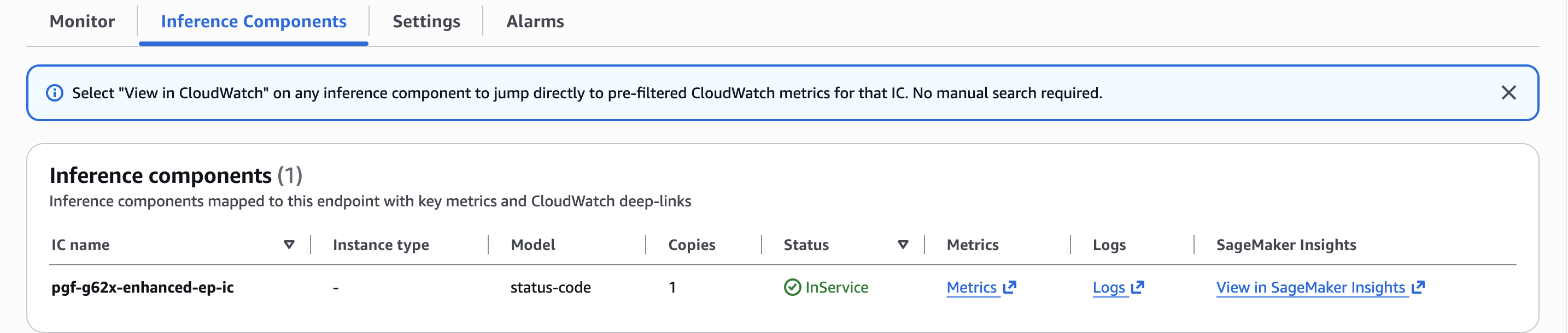 Pagina di dettaglio del componente di inferenza che mostra il pulsante Visualizza in AI Insights. SageMaker