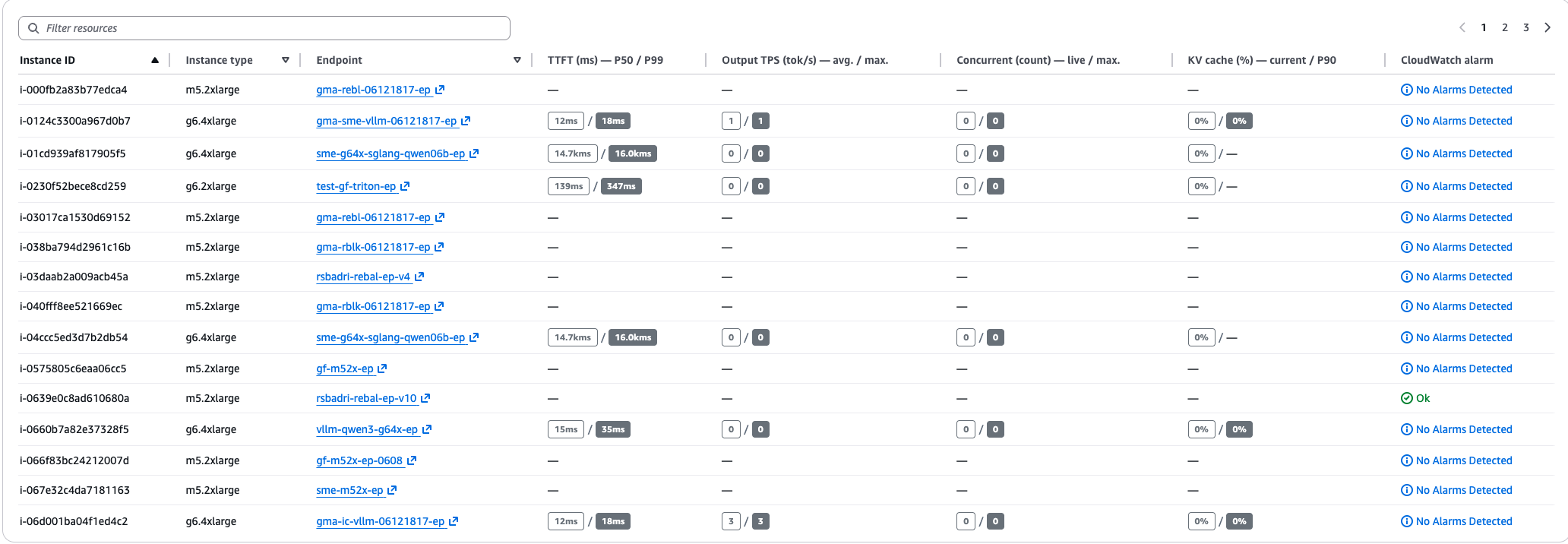 Tabella delle prestazioni dell'istanza che mostra TTFT, TPS di output, richieste concorrenti e cache KV.