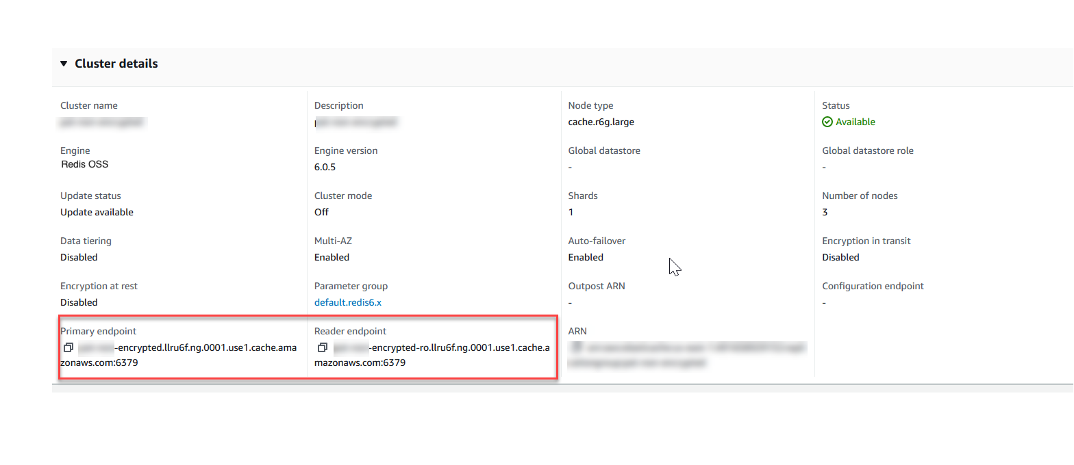 Immagine: endpoint primario per un cluster Redis OSS (modalità cluster disabilitata)
