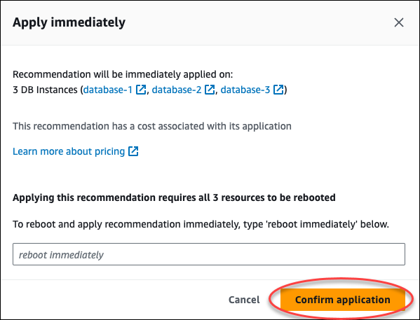 La finestra di conferma nella console per applicare immediatamente il consiglio