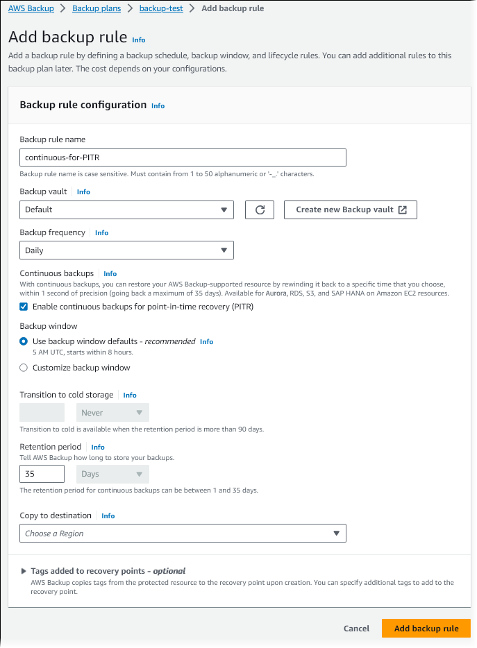 Abilita i backup continui per il point-in-time ripristino ()PITR.