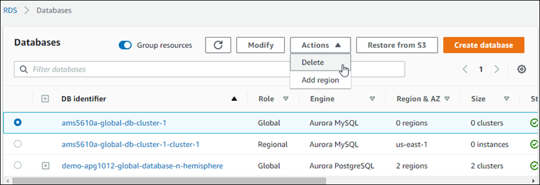 Un database globale Aurora basato su Aurora My SQL 5.6.10a rimane in archivio AWS Management Console finché non viene eliminato, anche se non ha cluster Aurora DB associati.