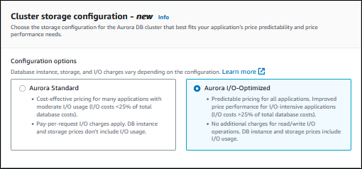 Visualizzazione della configurazione dello storage del cluster Aurora I/O-Optimized.