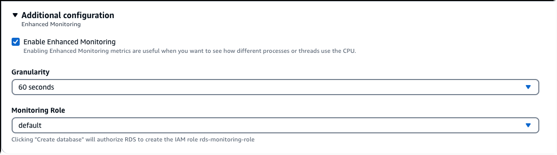 Attiva il monitoraggio avanzato durante la creazione del cluster DB con console.