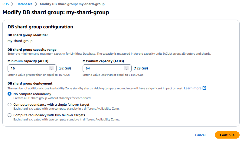 Modifica la pagina del gruppo di shard DB.