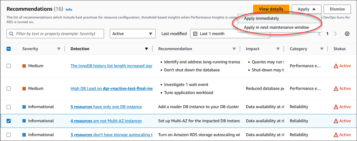 Viene selezionato un suggerimento attivo e il pulsante Applica con le relative opzioni evidenziate nella console.