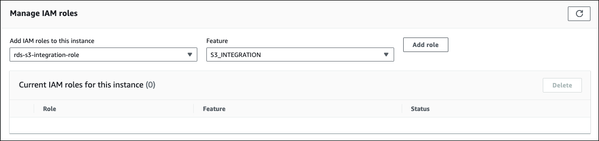 La INTEGRATION funzionalità S3_ è stata aggiunta al IAM ruolo per un'istanza DB.