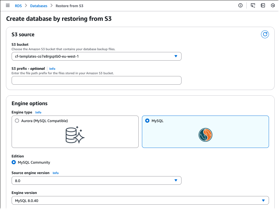 La pagina Crea database ripristinando da S3 in cui specifichi i dettagli per il ripristino di un'istanza DB da S3.