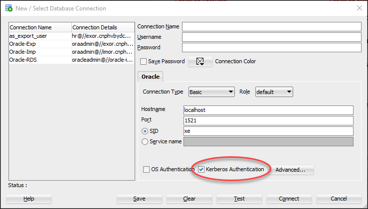 Mostra la finestra di dialogo Nuova/Seleziona connessione al database in Oracle SQL Developer. La casella di controllo Autenticazione Kerberos è selezionata.