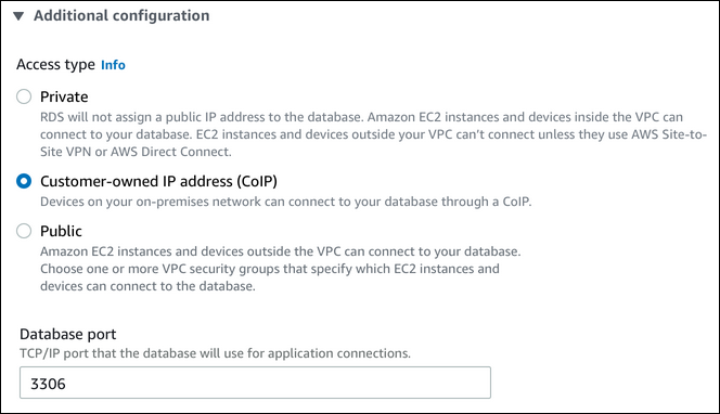 L' impostazione Customer-owned IP address (CoIP) (Indirizzo IP di proprietà del cliente (CoIP)) nella Console di gestione AWS.