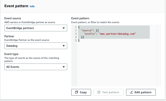 Esempio di pattern di eventi Datadog.