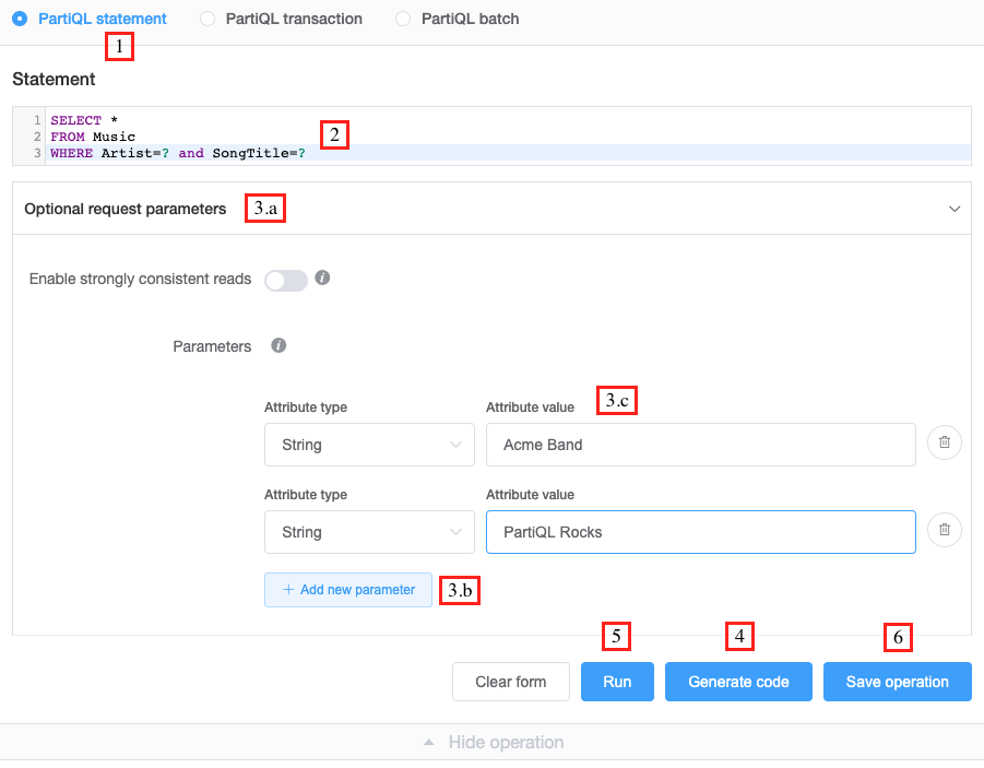 Interfaccia Workbench NoSQL. Mostra un'istruzione PartiQL SELECT che è possibile eseguire sulla tabella Music.