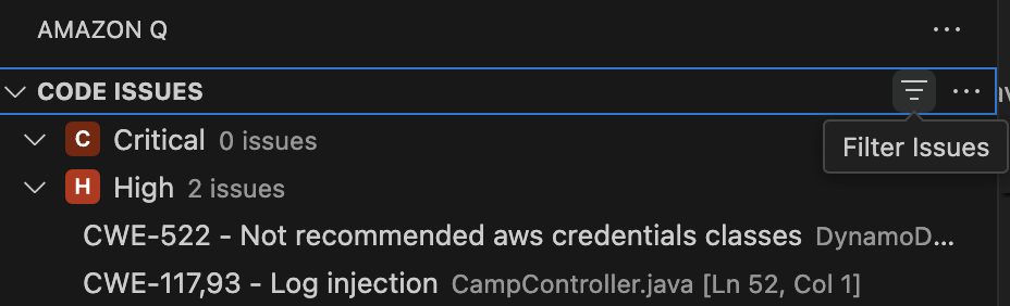 L'icona del filtro nella scheda Code Issues in Visual Studio Code.