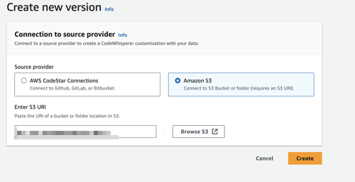 Dialog box for creating a new version, showing options to connect to CodeConnections or Amazon S3.