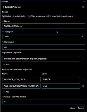 Una GUI con campi per gli elementi principali della configurazione MCP.