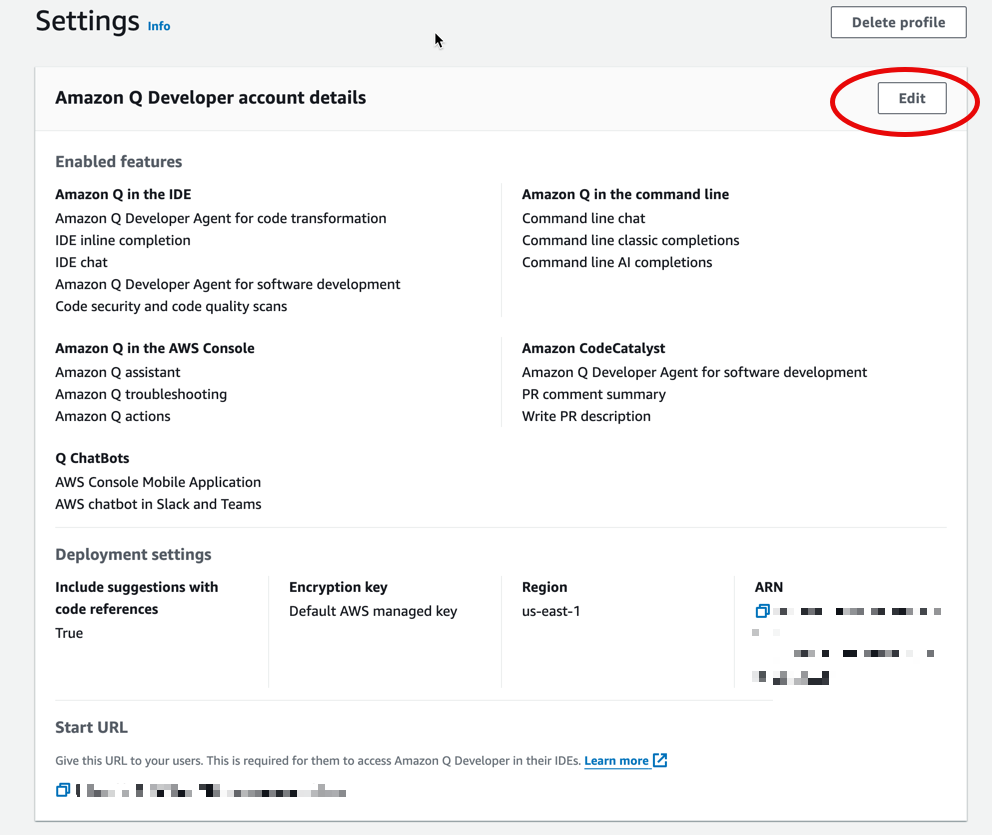 La pagina delle impostazioni della console Amazon Q Developer