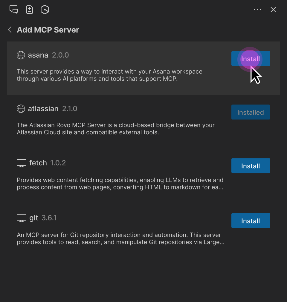 Schermata che mostra l'aggiunta dei server MCP definiti nel registro.