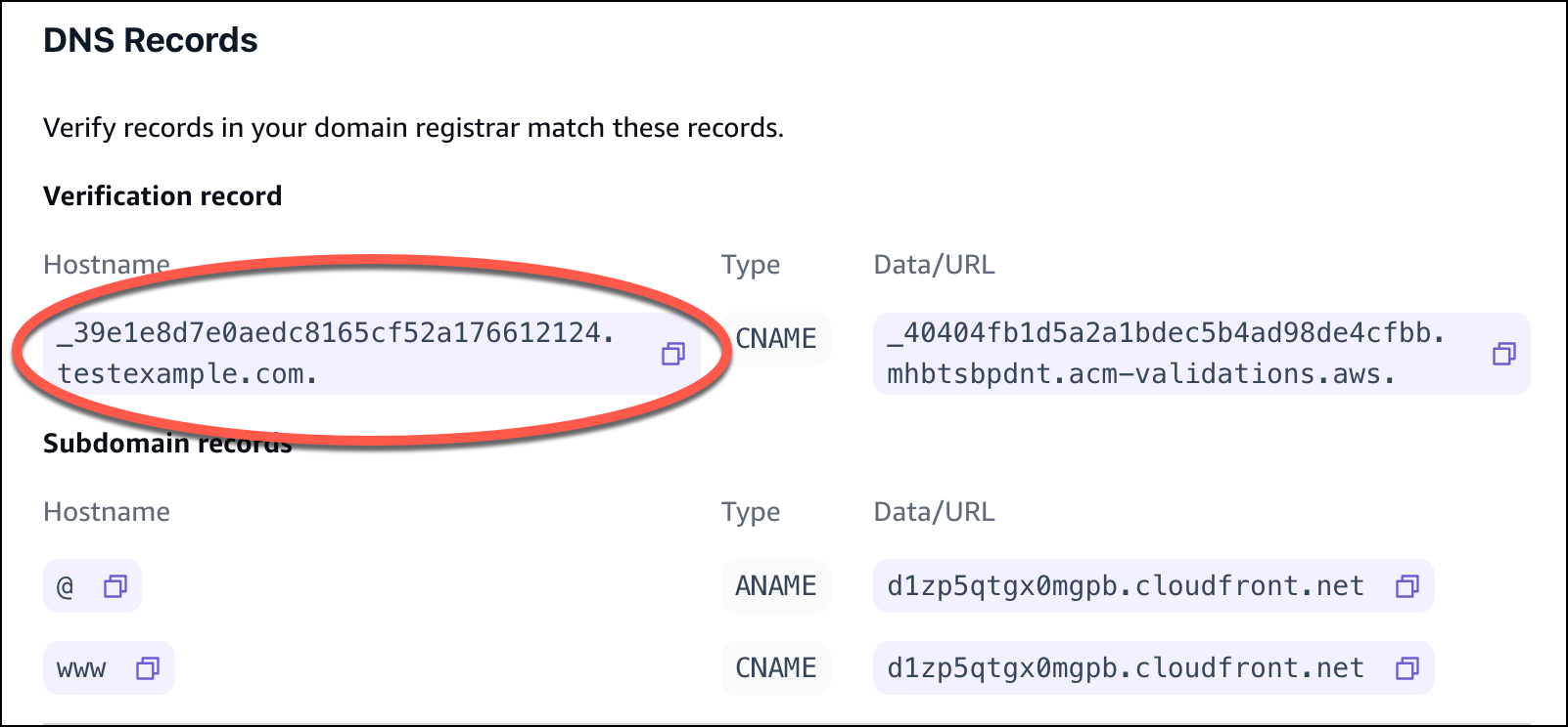 La sezione dei record DNS nella console Amplify con il record di verifica del nome host cerchiato.