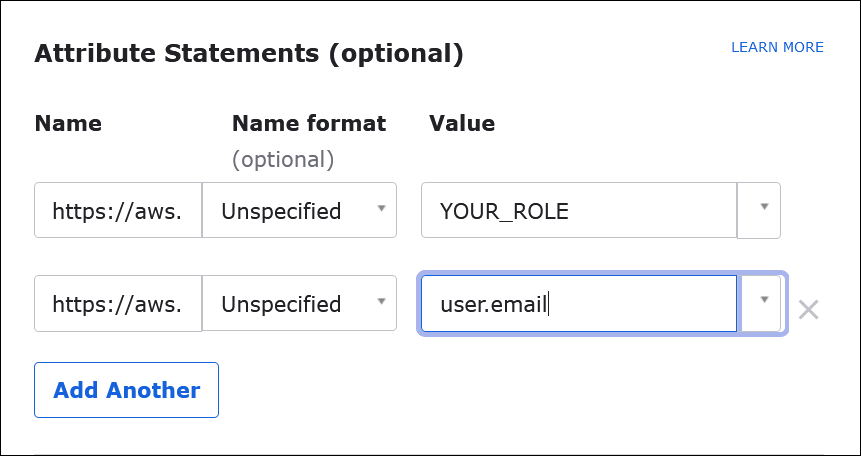 Inserisci gli attributi SAML per Athena.